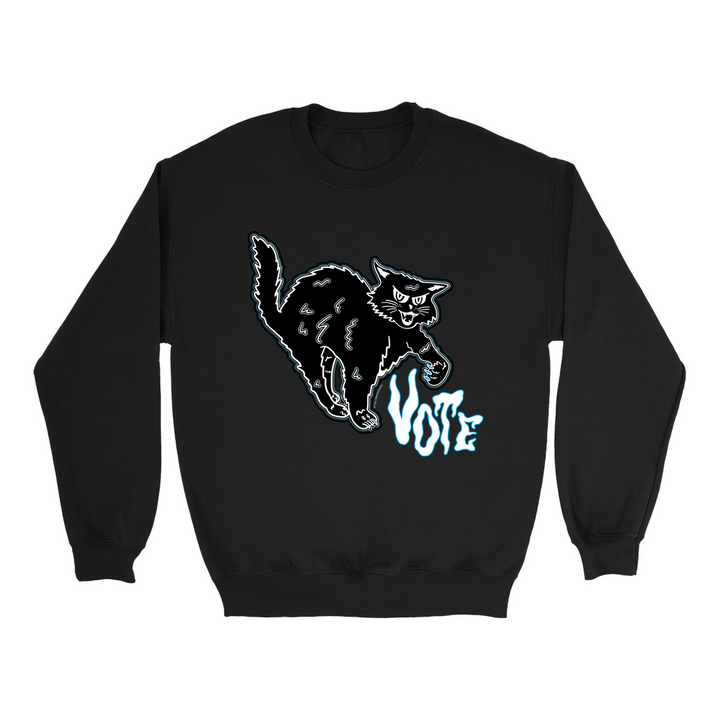Based in Chicago by queer artist & designer Kayla Pekkala - Tiny Werewolves | Retro Spooky Cat Vote Crew Sweatshirt in Black | Shop to get your Crew with collections featuring retro-inspired designs infused with social commentary art, highlighting modern social & current events.
