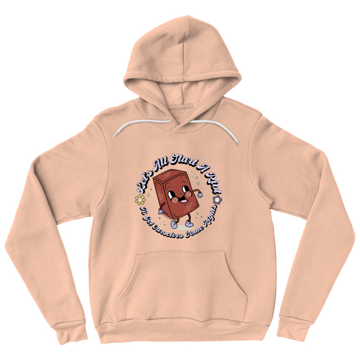Based in Chicago by queer artist & designer Kayla Pekkala - Tiny Werewolves | Let's All Start A Riot Pullover Hoodie in Peach | Shop to get your Pullover Hoodie with collections featuring retro-inspired designs infused with social commentary art, highlighting modern social & current events.