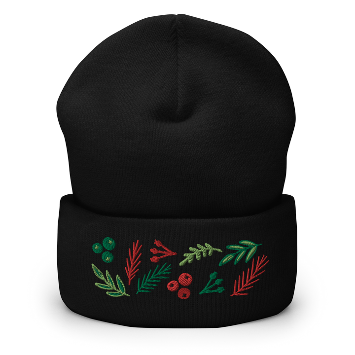 Based in Chicago by queer artist & designer Kayla Pekkala - Tiny Werewolves | Leaves & Berries Embroidered Cuffed Beanie in Black | Shop to get your Cuffed Beanie with collections featuring retro-inspired designs infused with social commentary art, highlighting modern social & current events.