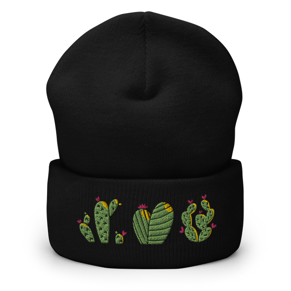 Based in Chicago by queer artist & designer Kayla Pekkala - Tiny Werewolves | Cactus Trio Embroidered Cuffed Beanie in Black One Size | Shop to get your Cuffed Beanie with collections featuring retro-inspired designs infused with social commentary art, highlighting modern social & current events.