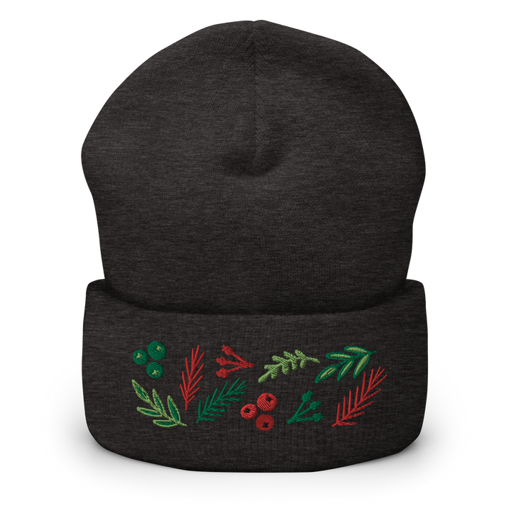 Based in Chicago by queer artist & designer Kayla Pekkala - Tiny Werewolves | Leaves & Berries Embroidered Cuffed Beanie in Dark Grey | Shop to get your Cuffed Beanie with collections featuring retro-inspired designs infused with social commentary art, highlighting modern social & current events.