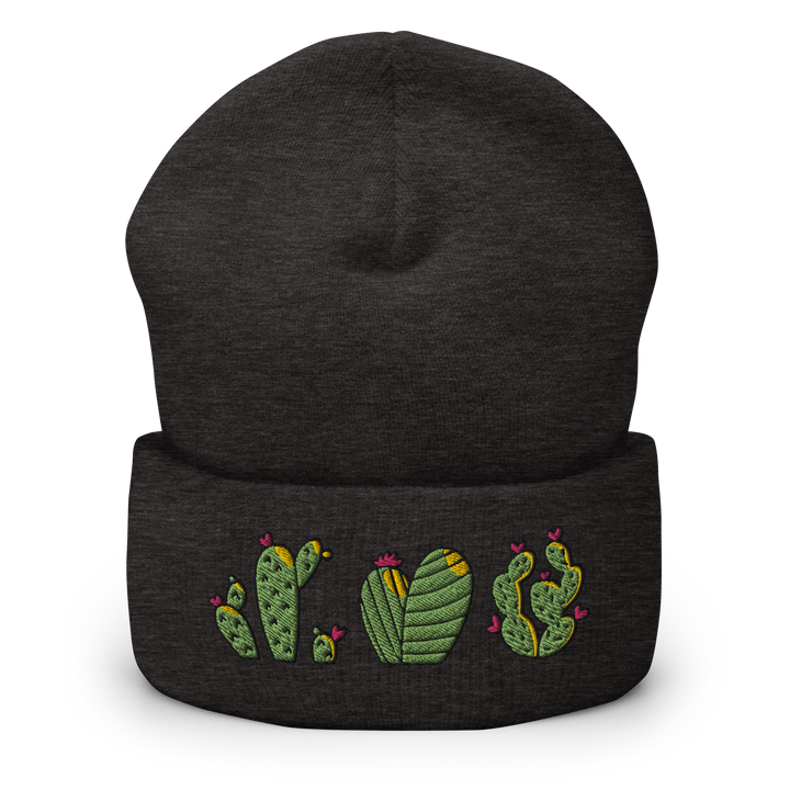 Based in Chicago by queer artist & designer Kayla Pekkala - Tiny Werewolves | Cactus Trio Embroidered Cuffed Beanie in Dark Grey One Size | Shop to get your Cuffed Beanie with collections featuring retro-inspired designs infused with social commentary art, highlighting modern social & current events.