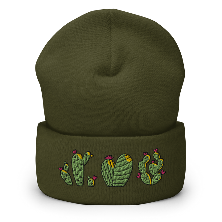 Based in Chicago by queer artist & designer Kayla Pekkala - Tiny Werewolves | Cactus Trio Embroidered Cuffed Beanie in Olive One Size | Shop to get your Cuffed Beanie with collections featuring retro-inspired designs infused with social commentary art, highlighting modern social & current events.