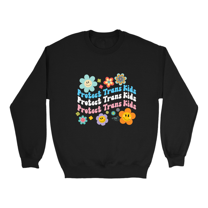 Based in Chicago by queer artist & designer Kayla Pekkala - Tiny Werewolves | Retro Flowers Protect Trans Kids Crew Sweatshirt in Black | Shop to get your Crew with collections featuring retro-inspired designs infused with social commentary art, highlighting modern social & current events.