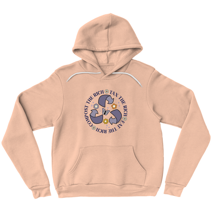 Based in Chicago by queer artist & designer Kayla Pekkala - Tiny Werewolves | Tax | Eat | Compost the Rich Pullover Hoodie in Peach | Shop to get your Pullover Hoodie with collections featuring retro-inspired designs infused with social commentary art, highlighting modern social & current events.