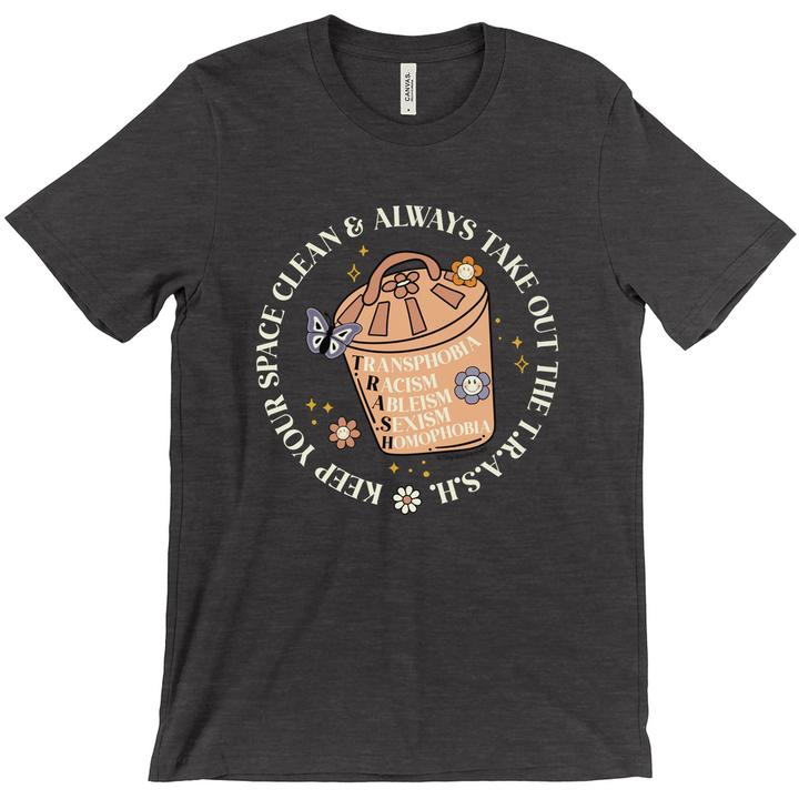 Based in Chicago by queer artist & designer Kayla Pekkala - Tiny Werewolves | Take Out The T.R.A.S.H. Tee in Dark Heather Grey | Shop to get your Tee with collections featuring retro-inspired designs infused with social commentary art, highlighting modern social & current events.