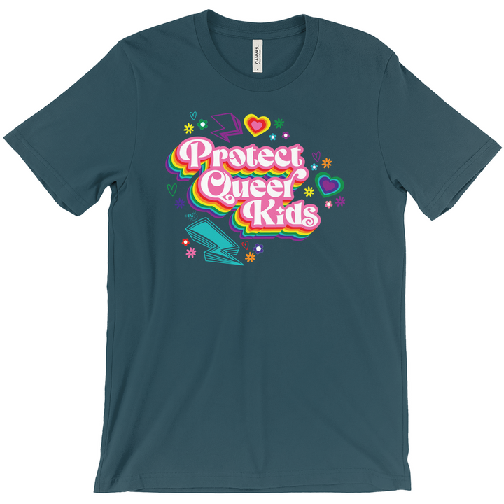Based in Chicago by queer artist & designer Kayla Pekkala - Tiny Werewolves | Retro Protect Queer Kids Tee in Deep Teal | Shop to get your Tee with collections featuring retro-inspired designs infused with social commentary art, highlighting modern social & current events.