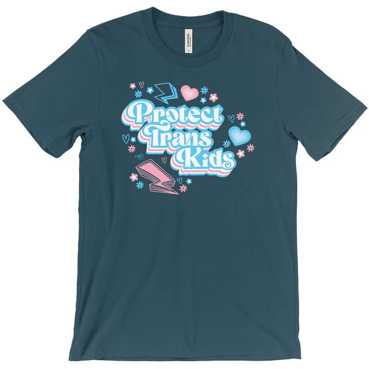 Based in Chicago by queer artist & designer Kayla Pekkala - Tiny Werewolves | Retro Protect Trans Kids Tee in Deep Teal | Shop to get your Tee with collections featuring retro-inspired designs infused with social commentary art, highlighting modern social & current events.