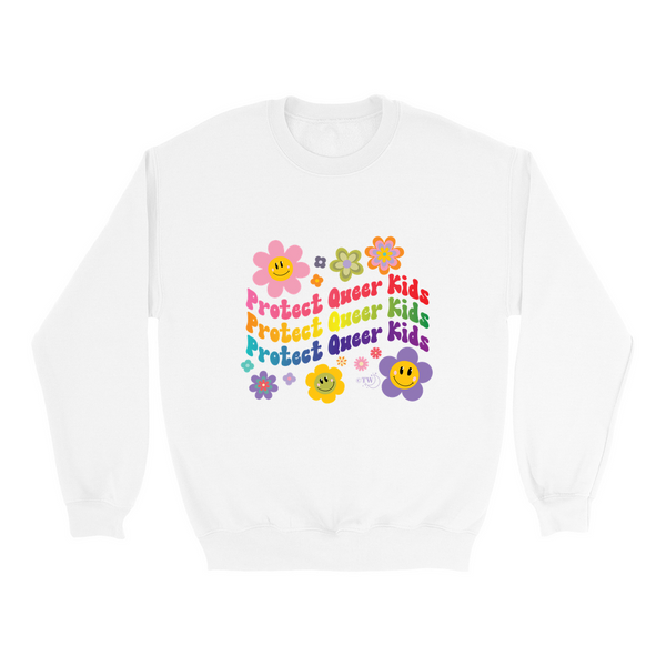 Based in Chicago by queer artist & designer Kayla Pekkala - Tiny Werewolves | Retro Flowers Protect Queer Kids Crew Sweatshirt in White | Shop to get your Crew with collections featuring retro-inspired designs infused with social commentary art, highlighting modern social & current events.