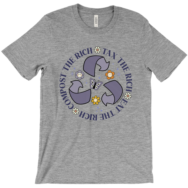 Based in Chicago by queer artist & designer Kayla Pekkala - Tiny Werewolves | Tax | Eat | Compost The Rich Tee in Athletic Heather | Shop to get your Tee with collections featuring retro-inspired designs infused with social commentary art, highlighting modern social & current events.