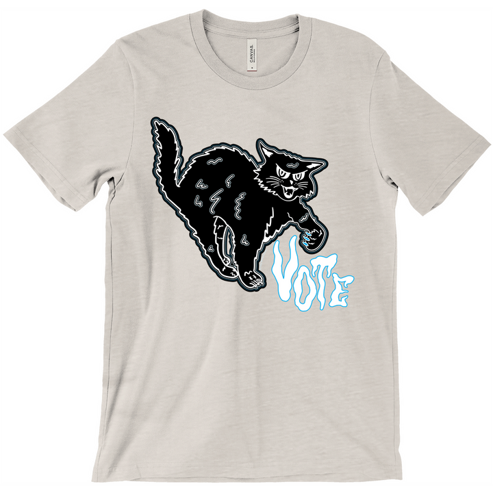 Based in Chicago by queer artist & designer Kayla Pekkala - Tiny Werewolves | Retro Spooky Cat Vote Tee in Heather Dust | Shop to get your Tee with collections featuring retro-inspired designs infused with social commentary art, highlighting modern social & current events.