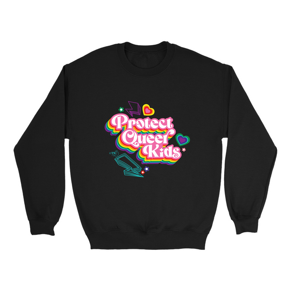 Based in Chicago by queer artist & designer Kayla Pekkala - Tiny Werewolves | Retro Protect Queer Kids Crew Sweatshirt in Black | Shop to get your Crew with collections featuring retro-inspired designs infused with social commentary art, highlighting modern social & current events.
