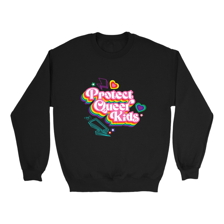 Based in Chicago by queer artist & designer Kayla Pekkala - Tiny Werewolves | Retro Protect Queer Kids Crew Sweatshirt in Black | Shop to get your Crew with collections featuring retro-inspired designs infused with social commentary art, highlighting modern social & current events.