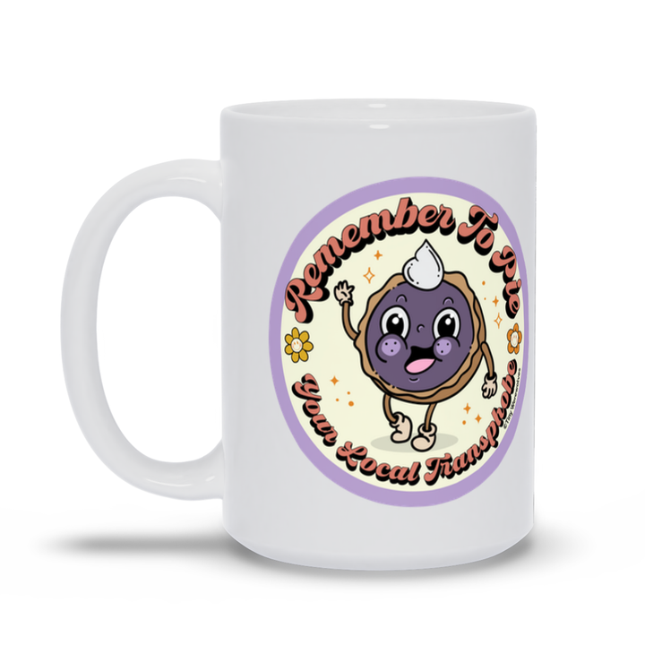 Based in Chicago by queer artist & designer Kayla Pekkala - Tiny Werewolves | Pie Your Local Transphobe Mug in | Shop to get your Mug with collections featuring retro-inspired designs infused with social commentary art, highlighting modern social & current events.