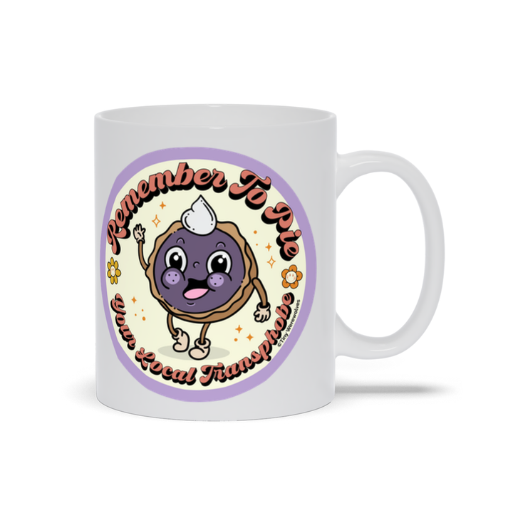 Based in Chicago by queer artist & designer Kayla Pekkala - Tiny Werewolves | Pie Your Local Transphobe Mug in 11 oz | Shop to get your Mug with collections featuring retro-inspired designs infused with social commentary art, highlighting modern social & current events.