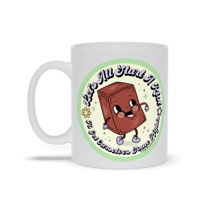 Based in Chicago by queer artist & designer Kayla Pekkala - Tiny Werewolves | Let's All Start A Riot Mug in | Shop to get your Mug with collections featuring retro-inspired designs infused with social commentary art, highlighting modern social & current events.