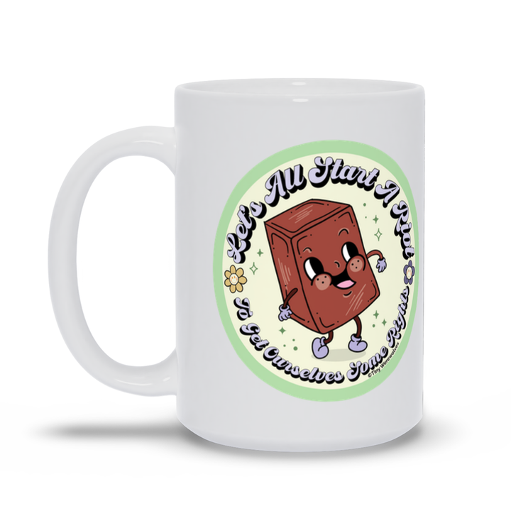 Based in Chicago by queer artist & designer Kayla Pekkala - Tiny Werewolves | Let's All Start A Riot Mug in | Shop to get your Mug with collections featuring retro-inspired designs infused with social commentary art, highlighting modern social & current events.