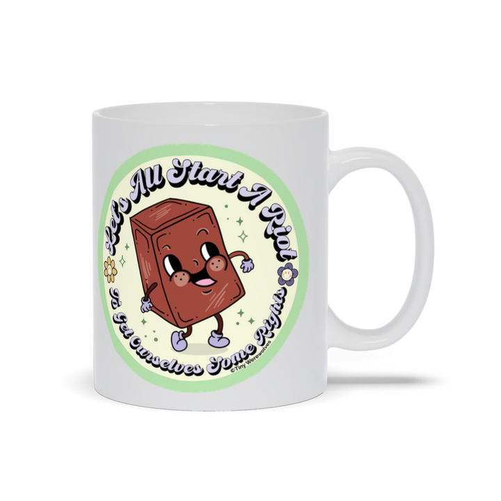 Based in Chicago by queer artist & designer Kayla Pekkala - Tiny Werewolves | Let's All Start A Riot Mug in 11 oz | Shop to get your Mug with collections featuring retro-inspired designs infused with social commentary art, highlighting modern social & current events.