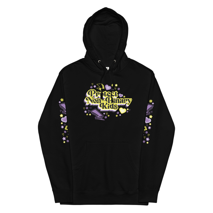 Based in Chicago by queer artist & designer Kayla Pekkala - Tiny Werewolves | Protect Non-Binary Kids Midweight Printed Sleeve Pullover Hoodie in | Shop to get your Pullover Hoodie with collections featuring retro-inspired designs infused with social commentary art, highlighting modern social & current events.