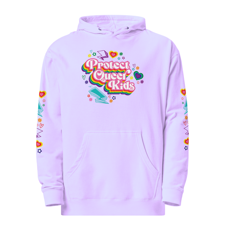 Based in Chicago by queer artist & designer Kayla Pekkala - Tiny Werewolves | Protect Queer Kids Midweight Printed Sleeve Pullover Hoodie in Lavender | Shop to get your Pullover Hoodie with collections featuring retro-inspired designs infused with social commentary art, highlighting modern social & current events.