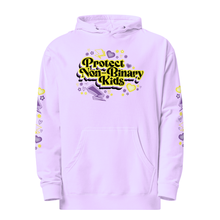 Based in Chicago by queer artist & designer Kayla Pekkala - Tiny Werewolves | Protect Non-Binary Kids Midweight Printed Sleeve Pullover Hoodie in Lavender | Shop to get your Pullover Hoodie with collections featuring retro-inspired designs infused with social commentary art, highlighting modern social & current events.