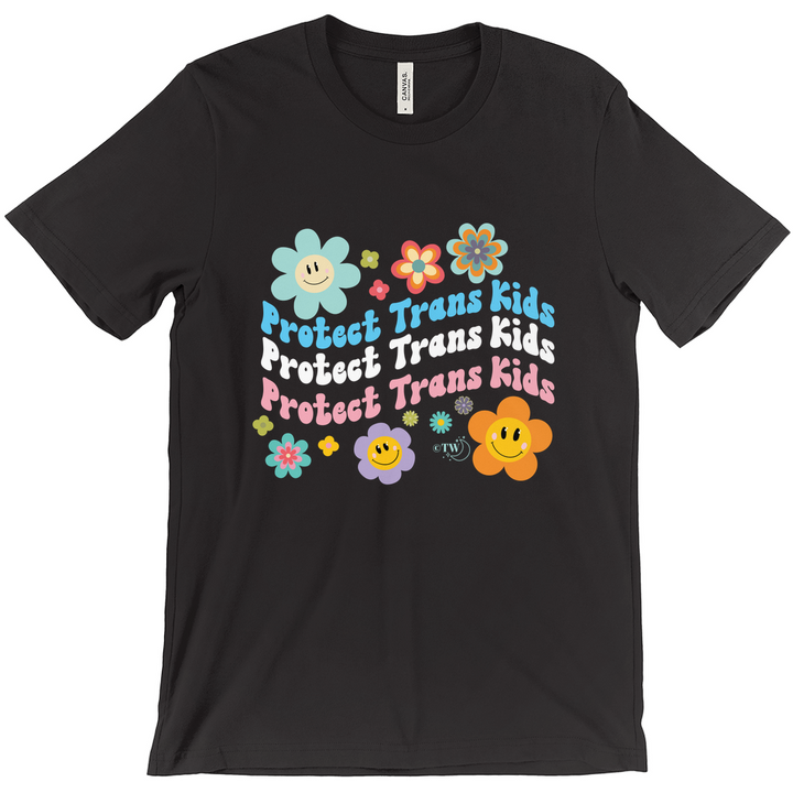 Based in Chicago by queer artist & designer Kayla Pekkala - Tiny Werewolves | Retro Flowers Protect Trans Kids Tee in Black | Shop to get your Tee with collections featuring retro-inspired designs infused with social commentary art, highlighting modern social & current events.