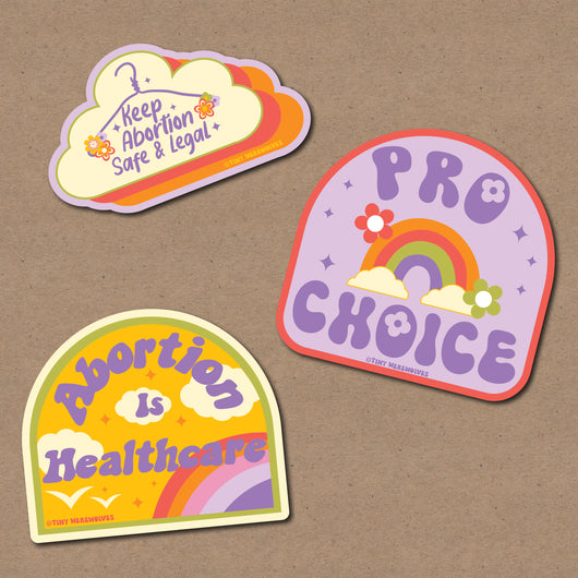 Based in Chicago by queer artist & designer Kayla Pekkala - Tiny Werewolves | Pro Choice Sticker 3-Pack in 5" Sticker | Shop to get your Sticker with collections featuring retro-inspired designs infused with social commentary art, highlighting modern social & current events.