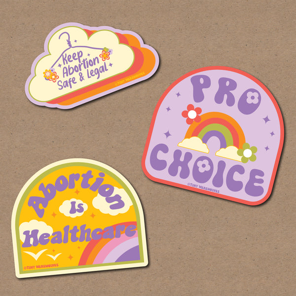Based in Chicago by queer artist & designer Kayla Pekkala - Tiny Werewolves | Pro Choice Sticker 3-Pack in 5" Sticker | Shop to get your Sticker with collections featuring retro-inspired designs infused with social commentary art, highlighting modern social & current events.
