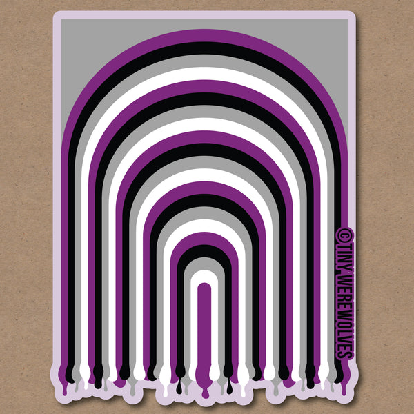 Based in Chicago by queer artist & designer Kayla Pekkala - Tiny Werewolves | Asexual Dripping Rainbow Sticker in | Shop to get your Sticker with collections featuring retro-inspired designs infused with social commentary art, highlighting modern social & current events.