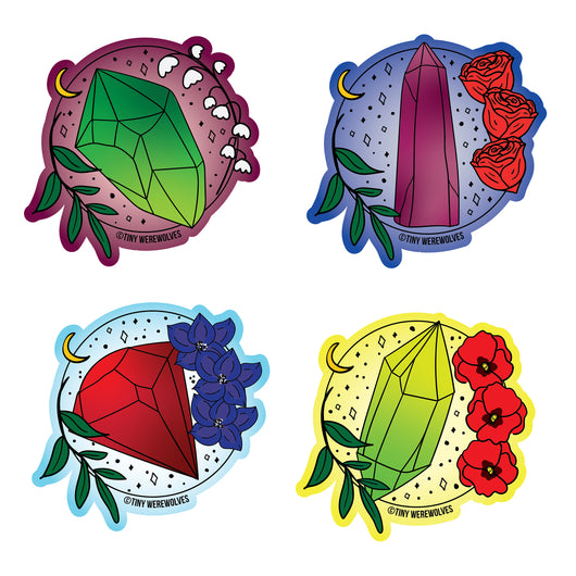 Based in Chicago by queer artist & designer Kayla Pekkala - Tiny Werewolves | Crystal & Flower Birthstone Mini Sticker Pack in | Shop to get your Sticker with collections featuring retro-inspired designs infused with social commentary art, highlighting modern social & current events.
