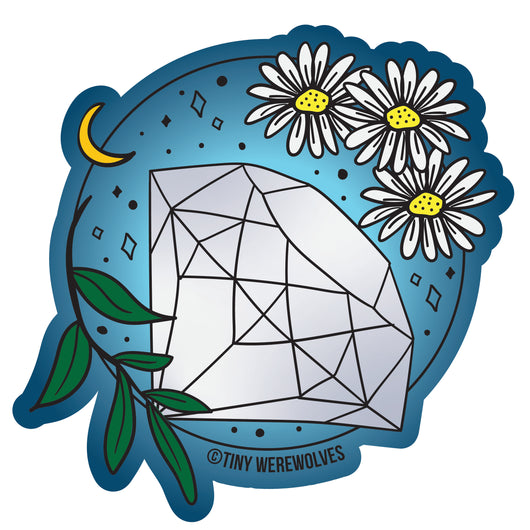 Based in Chicago by queer artist & designer Kayla Pekkala - Tiny Werewolves | April Crystal & Flower Birthstone Sticker in | Shop to get your Sticker with collections featuring retro-inspired designs infused with social commentary art, highlighting modern social & current events.