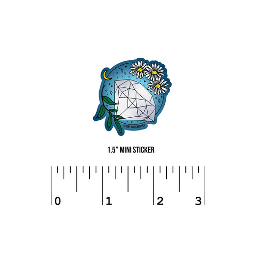 Based in Chicago by queer artist & designer Kayla Pekkala - Tiny Werewolves | April Crystal & Flower Birthstone Sticker in 1.5" Mini Sticker | Shop to get your Sticker with collections featuring retro-inspired designs infused with social commentary art, highlighting modern social & current events.