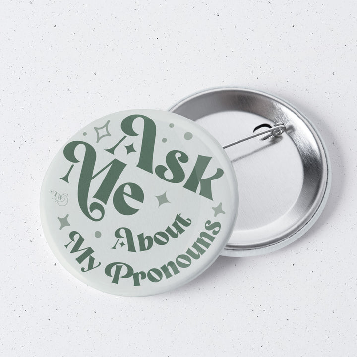 Based in Chicago by queer artist & designer Kayla Pekkala - Tiny Werewolves | Ask Me About My Pronouns Retro Stars 1" Mini Button Pin in | Shop to get your Metal Pinback Button with collections featuring retro-inspired designs infused with social commentary art, highlighting modern social & current events.