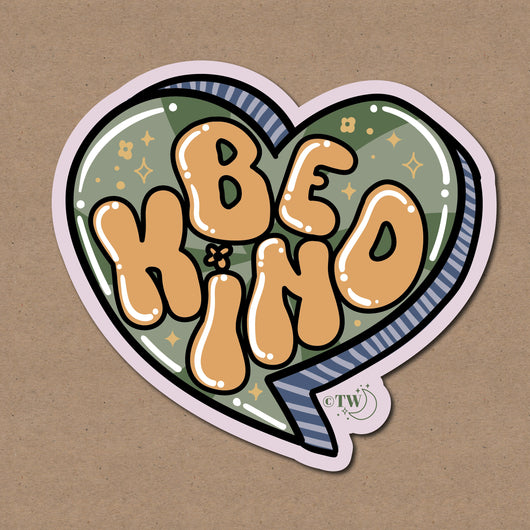 Based in Chicago by queer artist & designer Kayla Pekkala - Tiny Werewolves | Be Kind Sticker in | Shop to get your Sticker with collections featuring retro-inspired designs infused with social commentary art, highlighting modern social & current events.