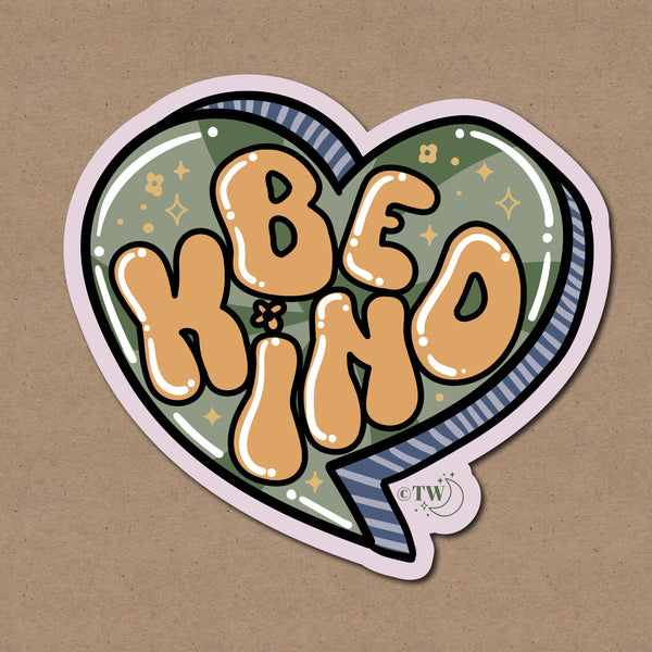 Based in Chicago by queer artist & designer Kayla Pekkala - Tiny Werewolves | Be Kind Sticker in | Shop to get your Sticker with collections featuring retro-inspired designs infused with social commentary art, highlighting modern social & current events.