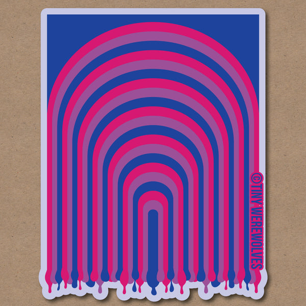Based in Chicago by queer artist & designer Kayla Pekkala - Tiny Werewolves | Bisexual Dripping Rainbow Sticker in | Shop to get your Sticker with collections featuring retro-inspired designs infused with social commentary art, highlighting modern social & current events.