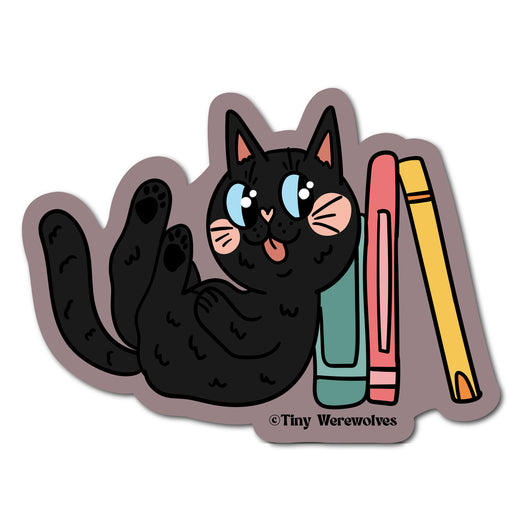 Based in Chicago by queer artist & designer Kayla Pekkala - Tiny Werewolves | Book Kitties Stickers in Black Cat | Shop to get your Sticker with collections featuring retro-inspired designs infused with social commentary art, highlighting modern social & current events.