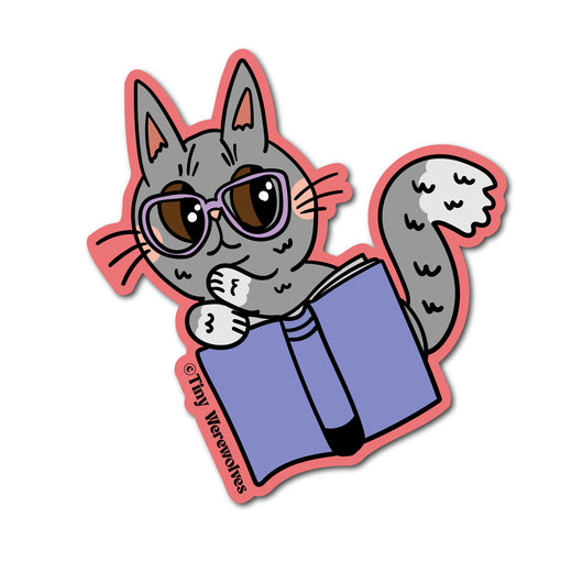 Based in Chicago by queer artist & designer Kayla Pekkala - Tiny Werewolves | Book Kitties Stickers in Grey Cat | Shop to get your Sticker with collections featuring retro-inspired designs infused with social commentary art, highlighting modern social & current events.