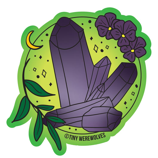 Based in Chicago by queer artist & designer Kayla Pekkala - Tiny Werewolves | February Crystal & Flower Birthstone Sticker in | Shop to get your Sticker with collections featuring retro-inspired designs infused with social commentary art, highlighting modern social & current events.