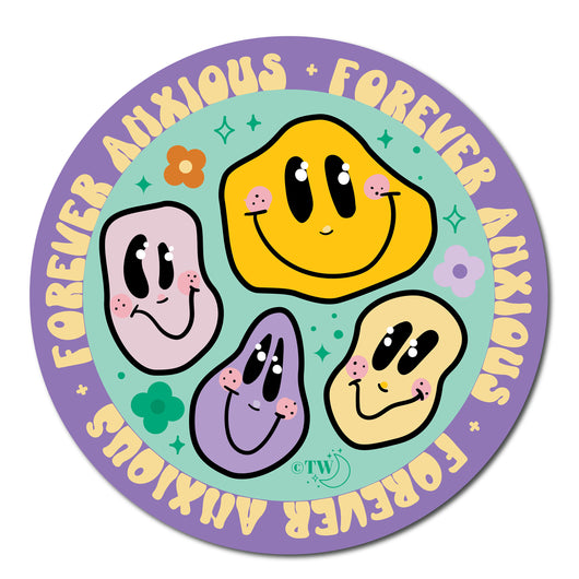 Based in Chicago by queer artist & designer Kayla Pekkala - Tiny Werewolves | Forever Anxious Sticker in | Shop to get your Sticker with collections featuring retro-inspired designs infused with social commentary art, highlighting modern social & current events.
