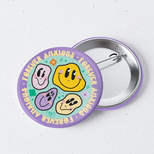 Based in Chicago by queer artist & designer Kayla Pekkala - Tiny Werewolves | Forever Anxious 1" Mini Button Pin in | Shop to get your Metal Pinback Button with collections featuring retro-inspired designs infused with social commentary art, highlighting modern social & current events.