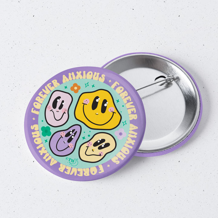 Based in Chicago by queer artist & designer Kayla Pekkala - Tiny Werewolves | Forever Anxious 1" Mini Button Pin in | Shop to get your Metal Pinback Button with collections featuring retro-inspired designs infused with social commentary art, highlighting modern social & current events.
