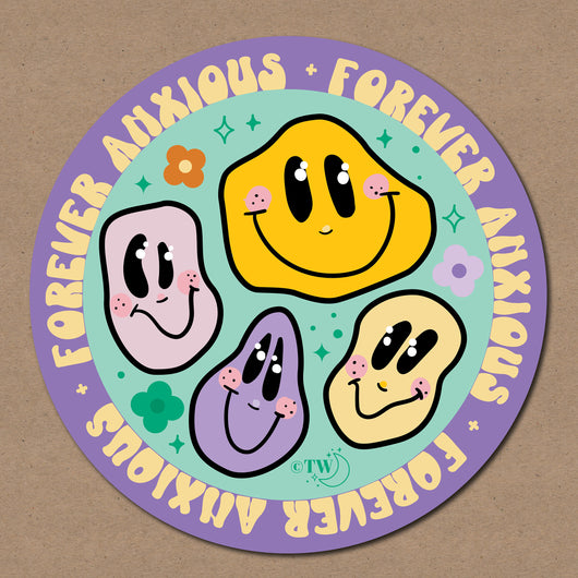 Based in Chicago by queer artist & designer Kayla Pekkala - Tiny Werewolves | Forever Anxious Sticker in 5" Sticker | Shop to get your Sticker with collections featuring retro-inspired designs infused with social commentary art, highlighting modern social & current events.