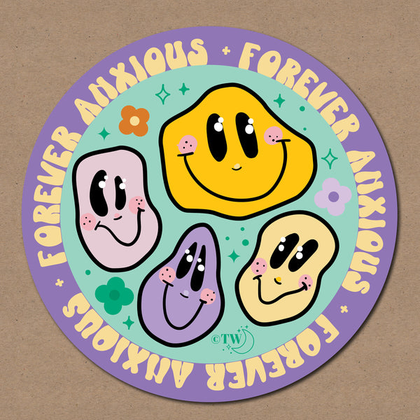 Based in Chicago by queer artist & designer Kayla Pekkala - Tiny Werewolves | Forever Anxious Sticker in 5" Sticker | Shop to get your Sticker with collections featuring retro-inspired designs infused with social commentary art, highlighting modern social & current events.