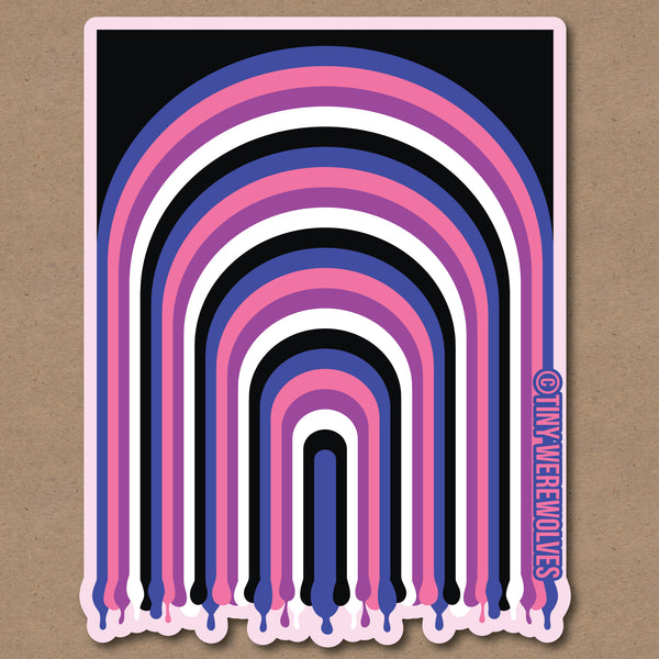 Based in Chicago by queer artist & designer Kayla Pekkala - Tiny Werewolves | Genderfluid Dripping Rainbow Sticker in | Shop to get your Sticker with collections featuring retro-inspired designs infused with social commentary art, highlighting modern social & current events.