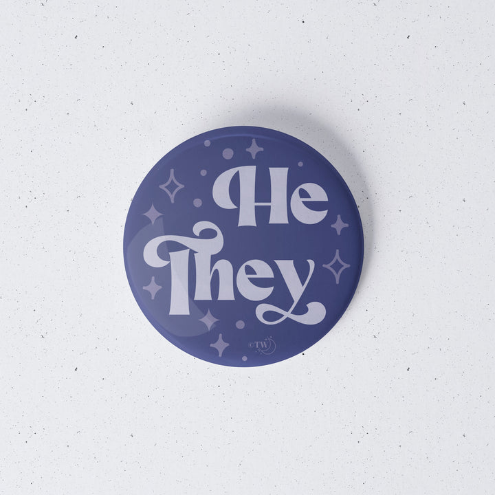 Based in Chicago by queer artist & designer Kayla Pekkala - Tiny Werewolves | He / They Pronouns Retro Stars 1" Mini Button Pin in | Shop to get your Metal Pinback Button with collections featuring retro-inspired designs infused with social commentary art, highlighting modern social & current events.