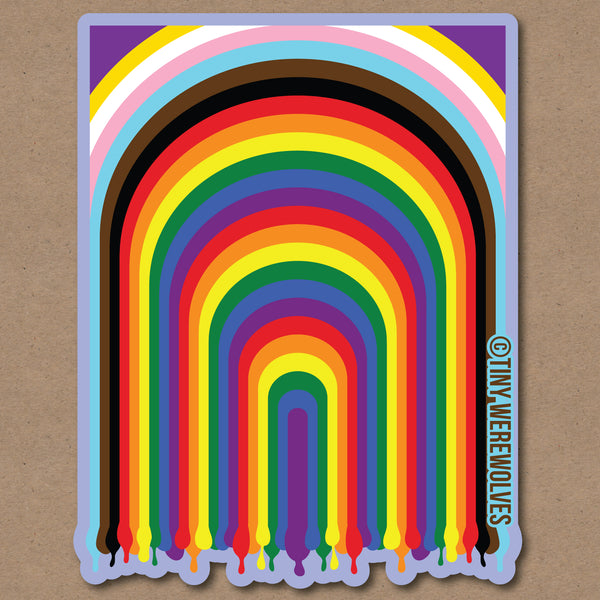 Based in Chicago by queer artist & designer Kayla Pekkala - Tiny Werewolves | Intersex-Inclusive Progress Dripping Rainbow Sticker in | Shop to get your Sticker with collections featuring retro-inspired designs infused with social commentary art, highlighting modern social & current events.