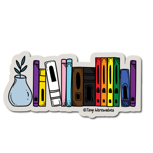Based in Chicago by queer artist & designer Kayla Pekkala - Tiny Werewolves | Intersex-Inclusive Progress Bookshelf Pride Sticker in 5" Sticker | Shop to get your Sticker with collections featuring retro-inspired designs infused with social commentary art, highlighting modern social & current events.