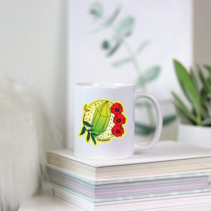 Based in Chicago by queer artist & designer Kayla Pekkala - Tiny Werewolves | August Crystal & Flower Birthstone Mug in | Shop to get your Mug with collections featuring retro-inspired designs infused with social commentary art, highlighting modern social & current events.