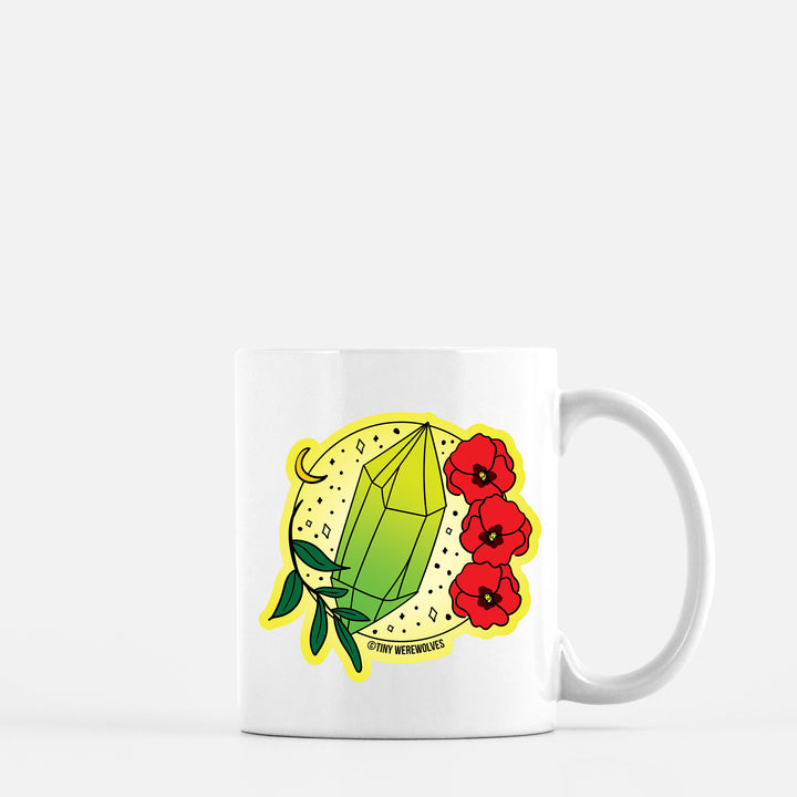 Based in Chicago by queer artist & designer Kayla Pekkala - Tiny Werewolves | August Crystal & Flower Birthstone Mug in 11 oz | Shop to get your Mug with collections featuring retro-inspired designs infused with social commentary art, highlighting modern social & current events.